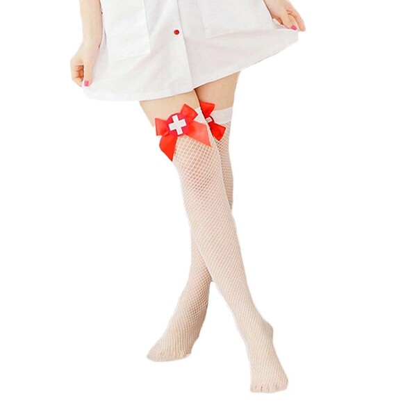 Nurse Costume Thigh High Stockings Womens One Size White Fishnet with Red Badge - Picture 4 of 6